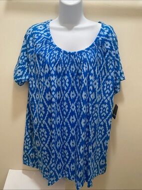 Basic Editions Blue & White Printed Short Sleeve Scoop Neck Tunic